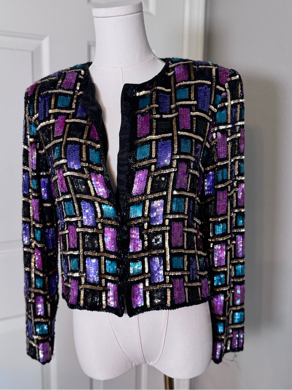 Papell Boutique Black Sequin Grid Jacket with Purple & Teal Accents